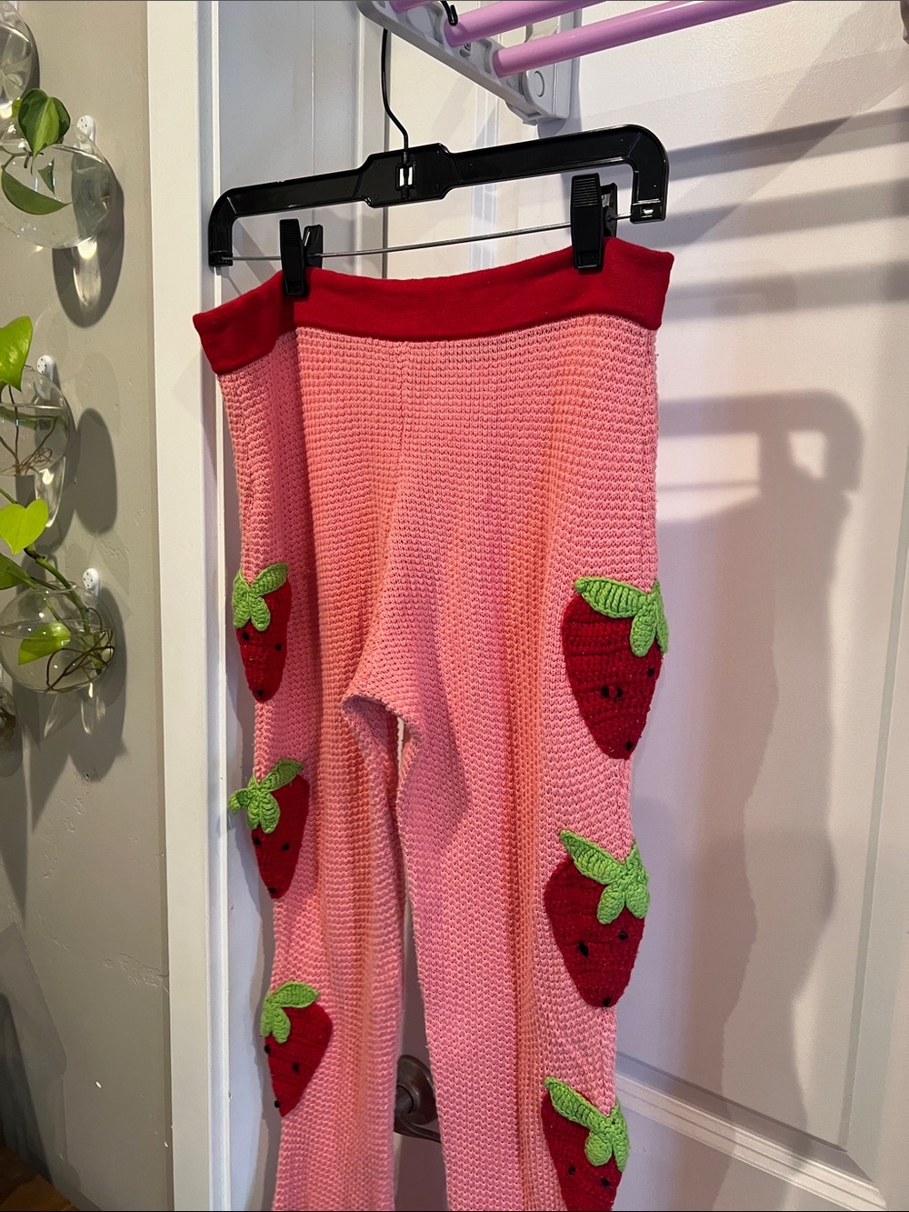 Dolls Kill Pink Knit Strawberry Flared Joggers with Red Waistband - Picture 5 of 10
